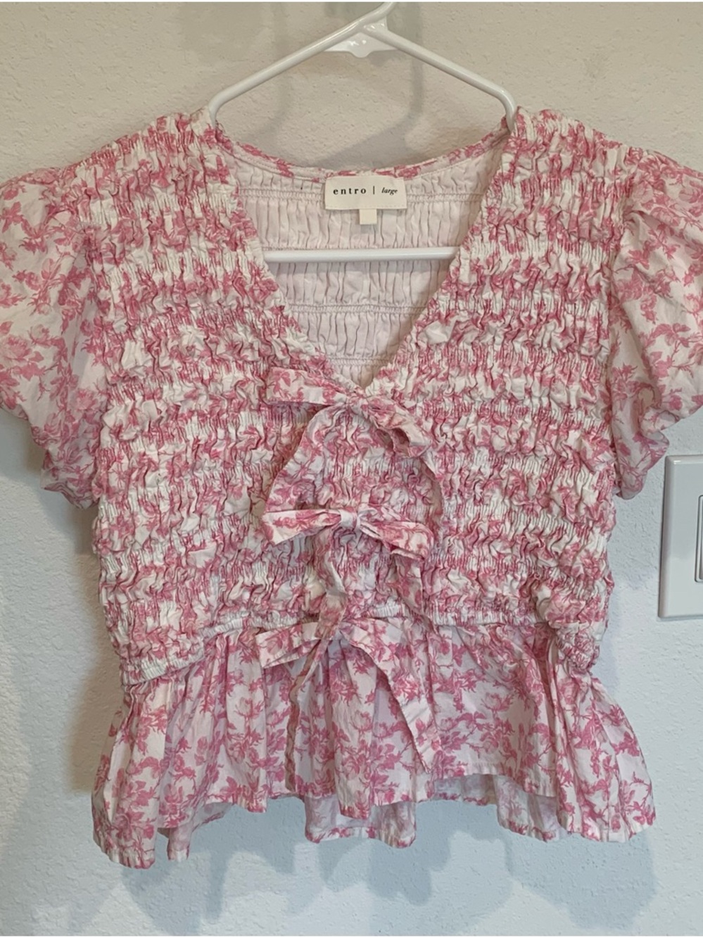 Entro Pink Floral Smocked Peplum Cotton Top